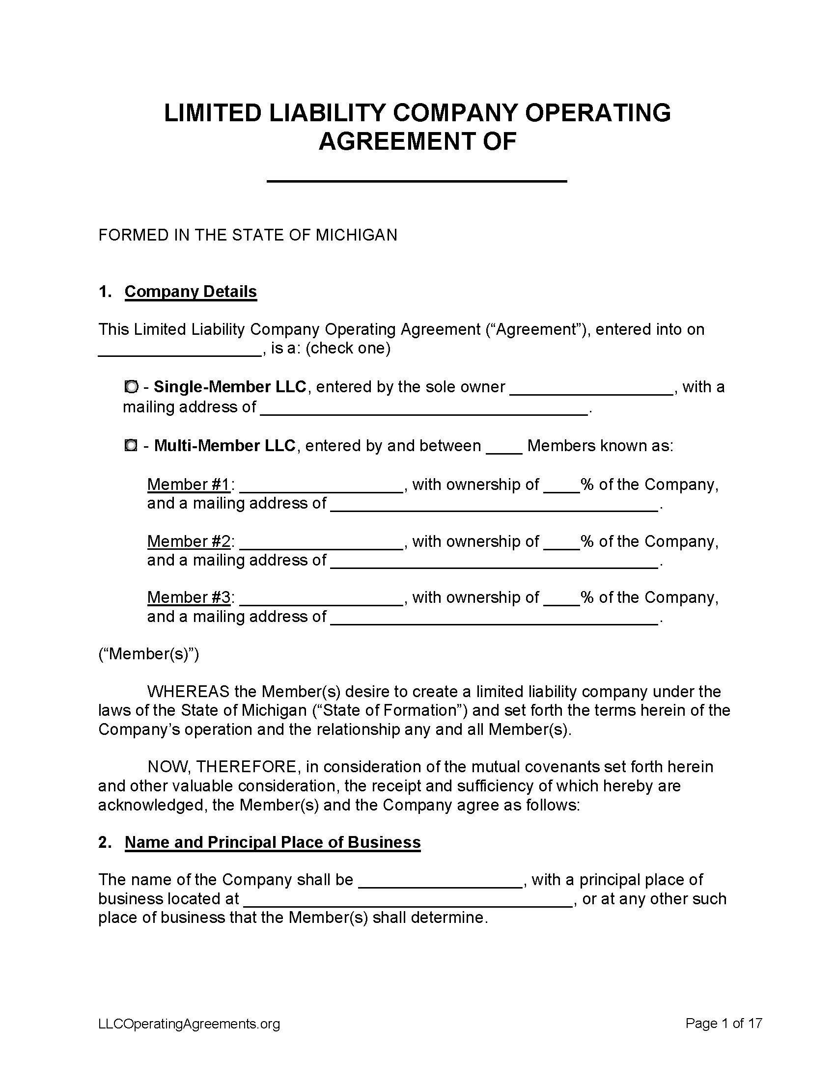 Free Michigan LLC Operating Agreements 2 Free LLC Operating 