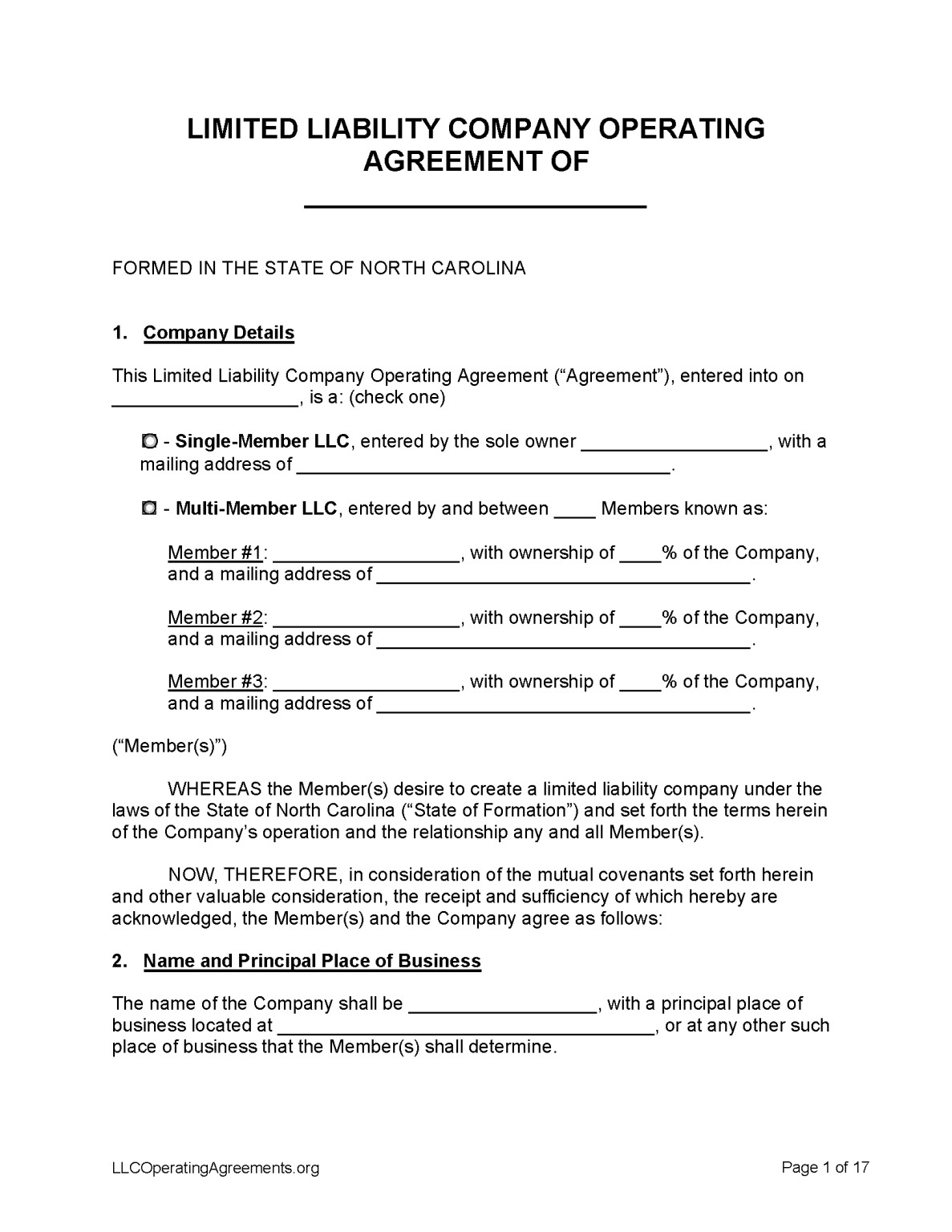 North Carolina LLC Operating Agreement Free LLC Operating Agreements