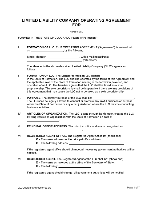 Colorado Single-Member LLC Operating Agreement