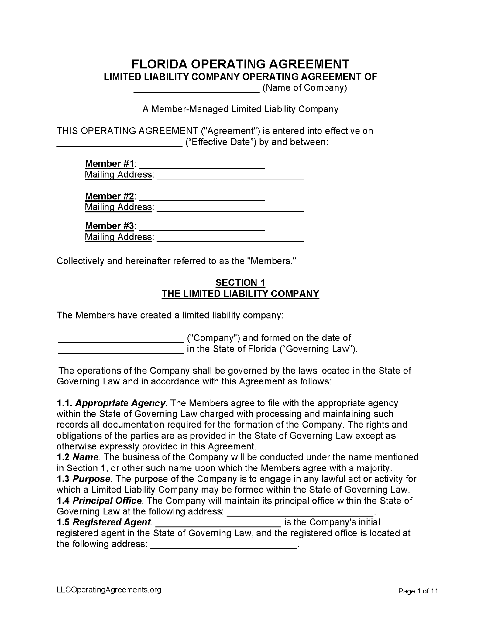 Free Florida LLC Operating Agreements (2) Free LLC Operating