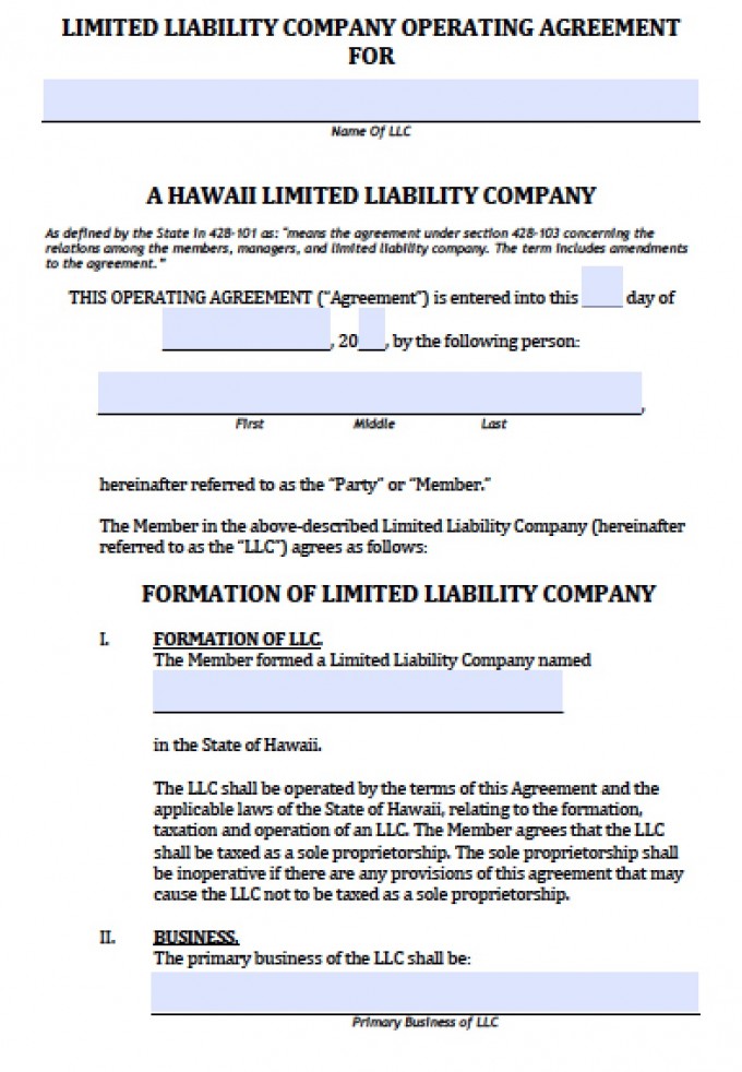 Hawaii Single Member LLC Operating Agreement